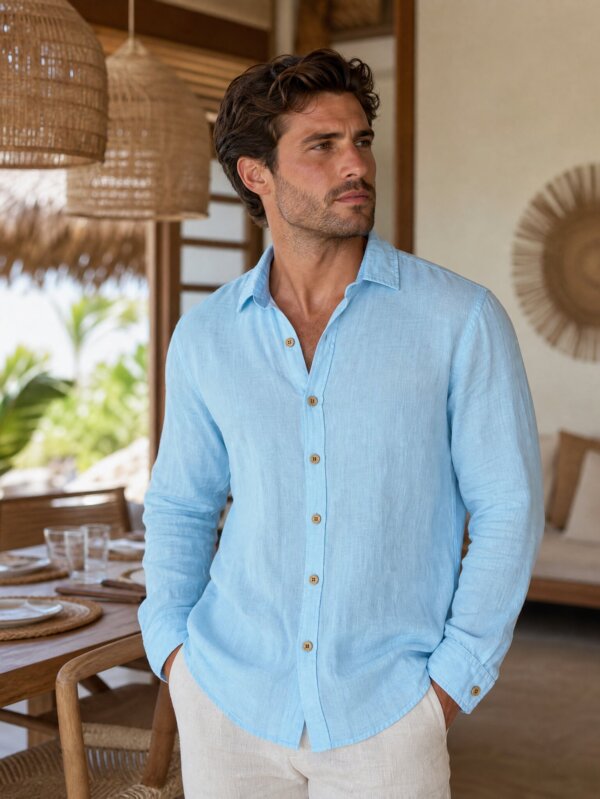 Man in long sleeve arctic blue top