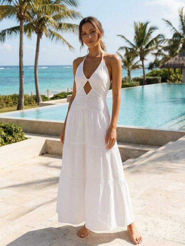 Woman in white maxi dress