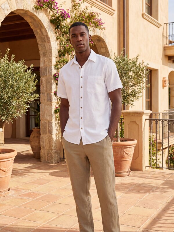 Man in white top and beige pants