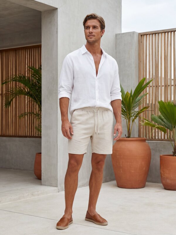 Man in white shirt and beige shorts